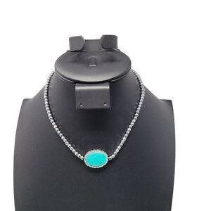 Vintage 90s Signed LUC Silver Bicone Rhinestone Faux Turquoise Oval Pendant Coll